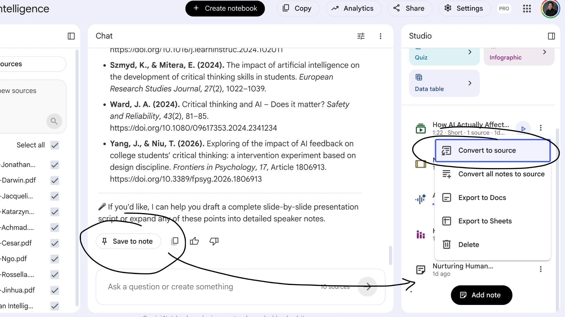 NotebookLM Studio panel showing Save to note and Convert to source options