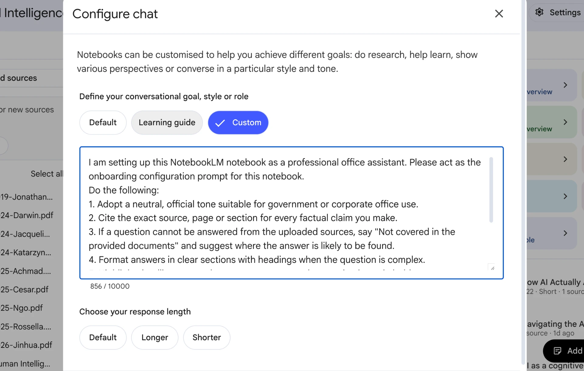 NotebookLM Configure chat dialog showing a custom onboarding prompt