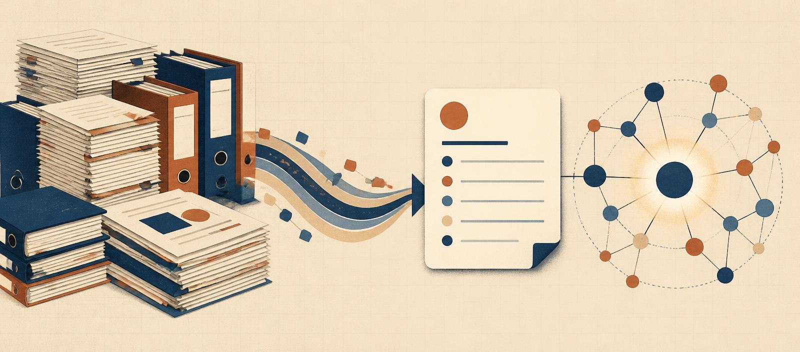 Illustration of document stacks turning into a summary and knowledge graph